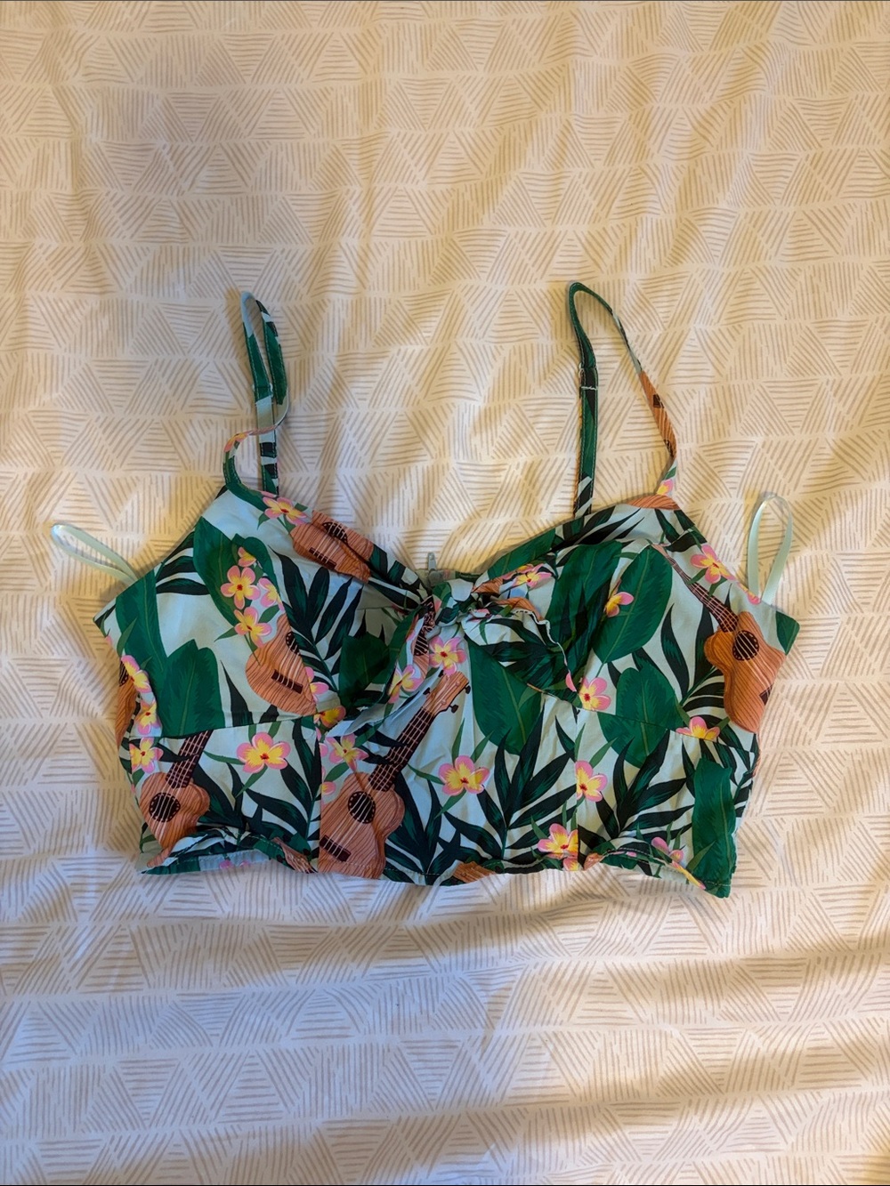 Tropical Floral Ukulele Print Crop Top - Green